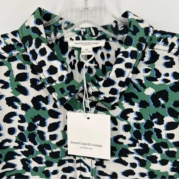 BeachLunchLounge Top Womens Plus Size Green Leopard Print Button Roll Tab Sleeve - Picture 4 of 16